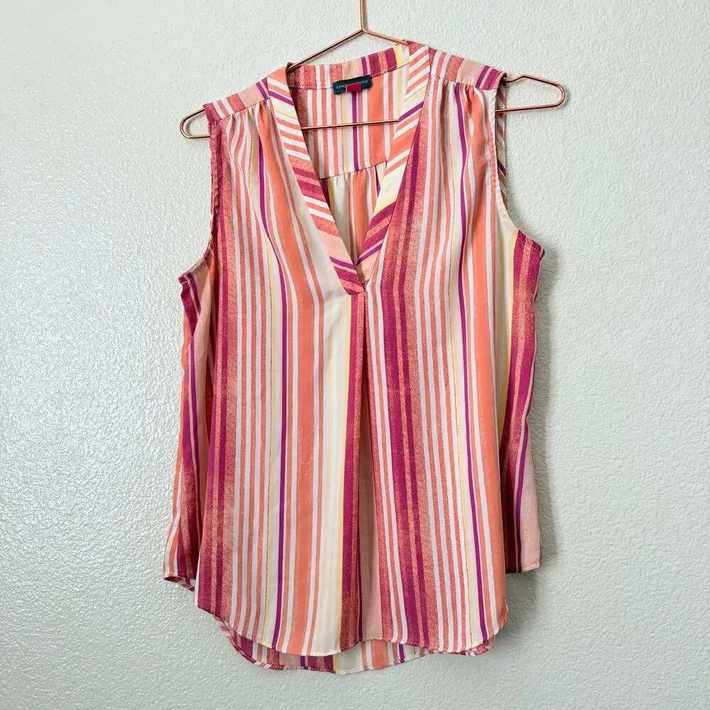 Vince Camuto vertical stripe split neck blouse top sleeveless pink yellow white